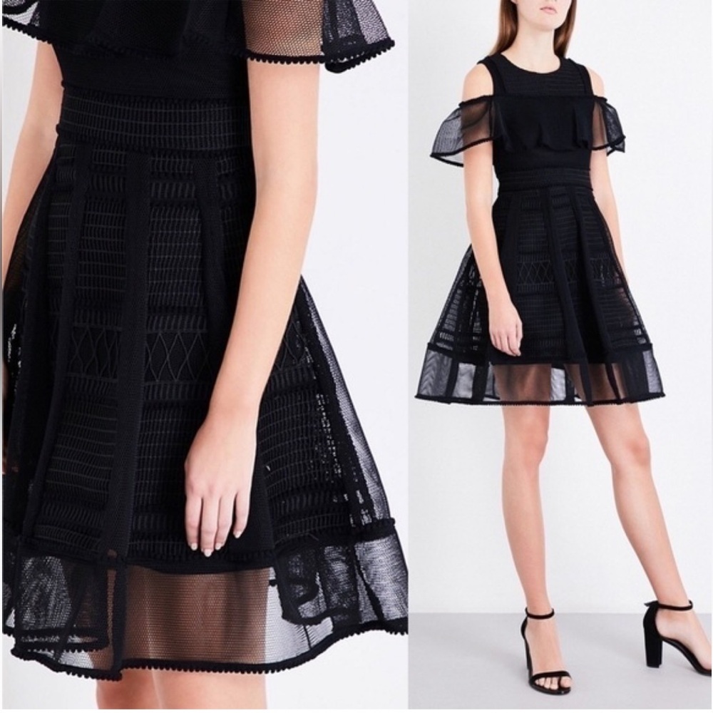 NWOT Maje Rosalie black ruffled laced cocktail dress, size EU 2/ US 4